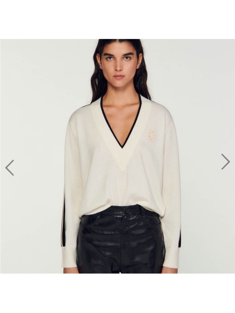Sandro Cream V-Neck Sweater with Black Trim wool and Cahshmere